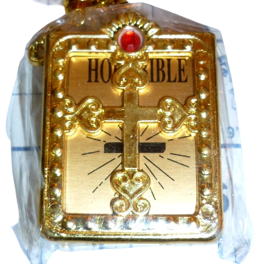 Gold Mini Holy Bible Keychain Ornate Cross Case Red Rhinestone Religious Gift